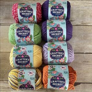 Lot of 8 Crafters Secret Cotton Yarn - 2 or 2.5 Oz Each Colors as Shown